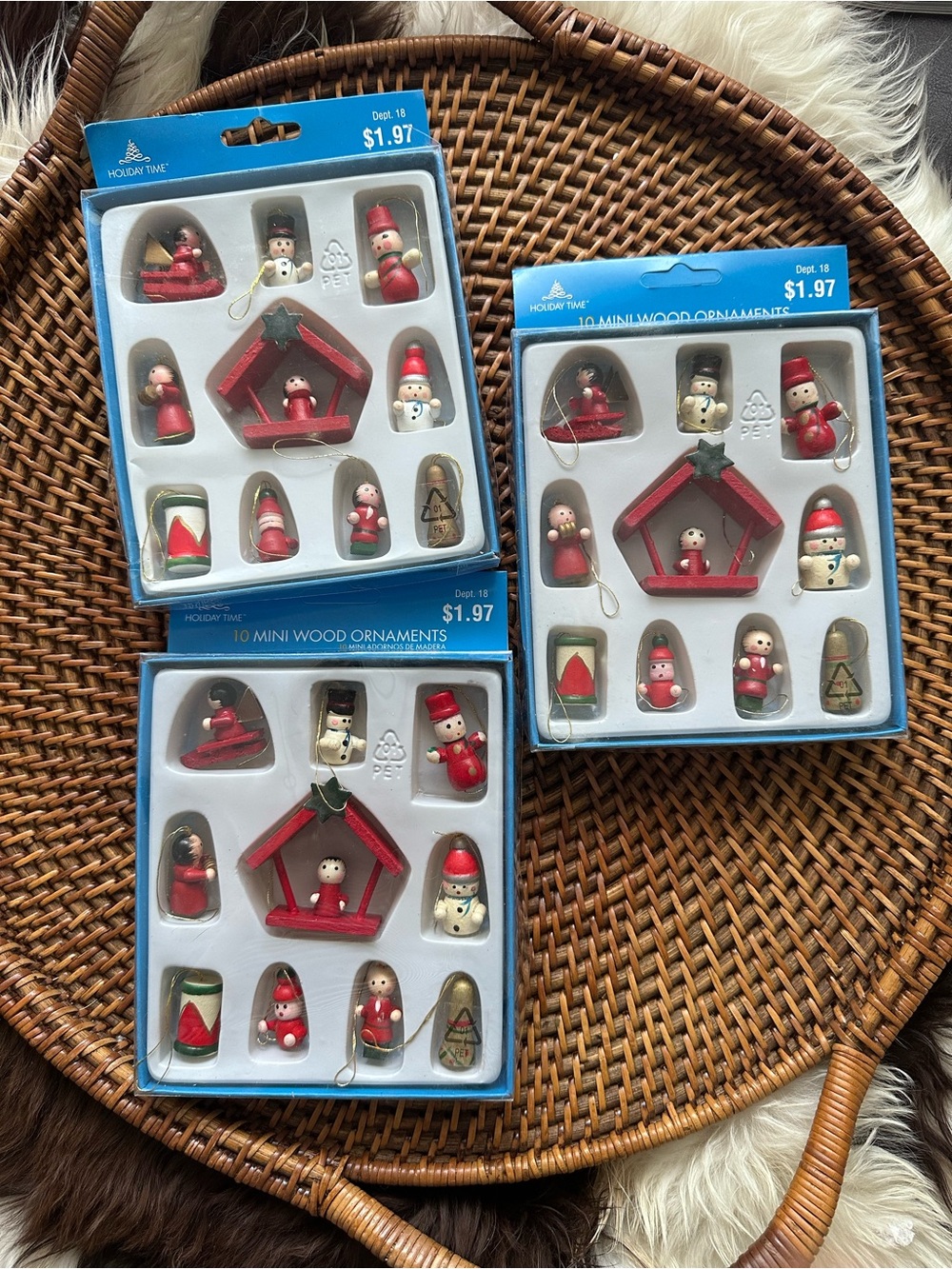 Holiday Time Vintage Mini Wood 10 Ornaments 3 Package Lot New